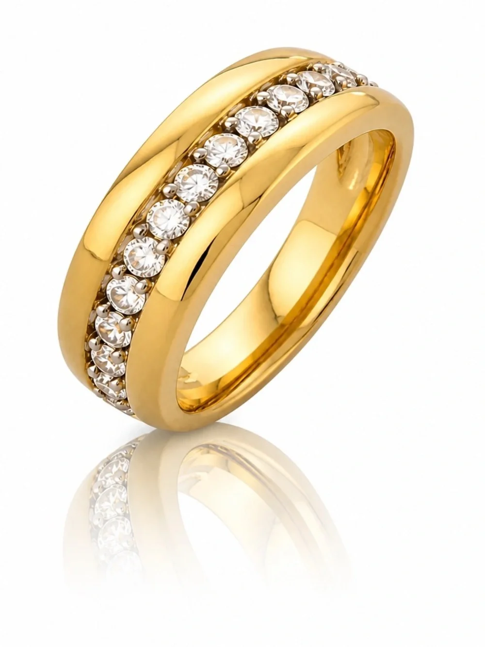 Luxury Collection Titanium Steel Golden w/ Cubic Zirconia Inlay Beveled Band S 7